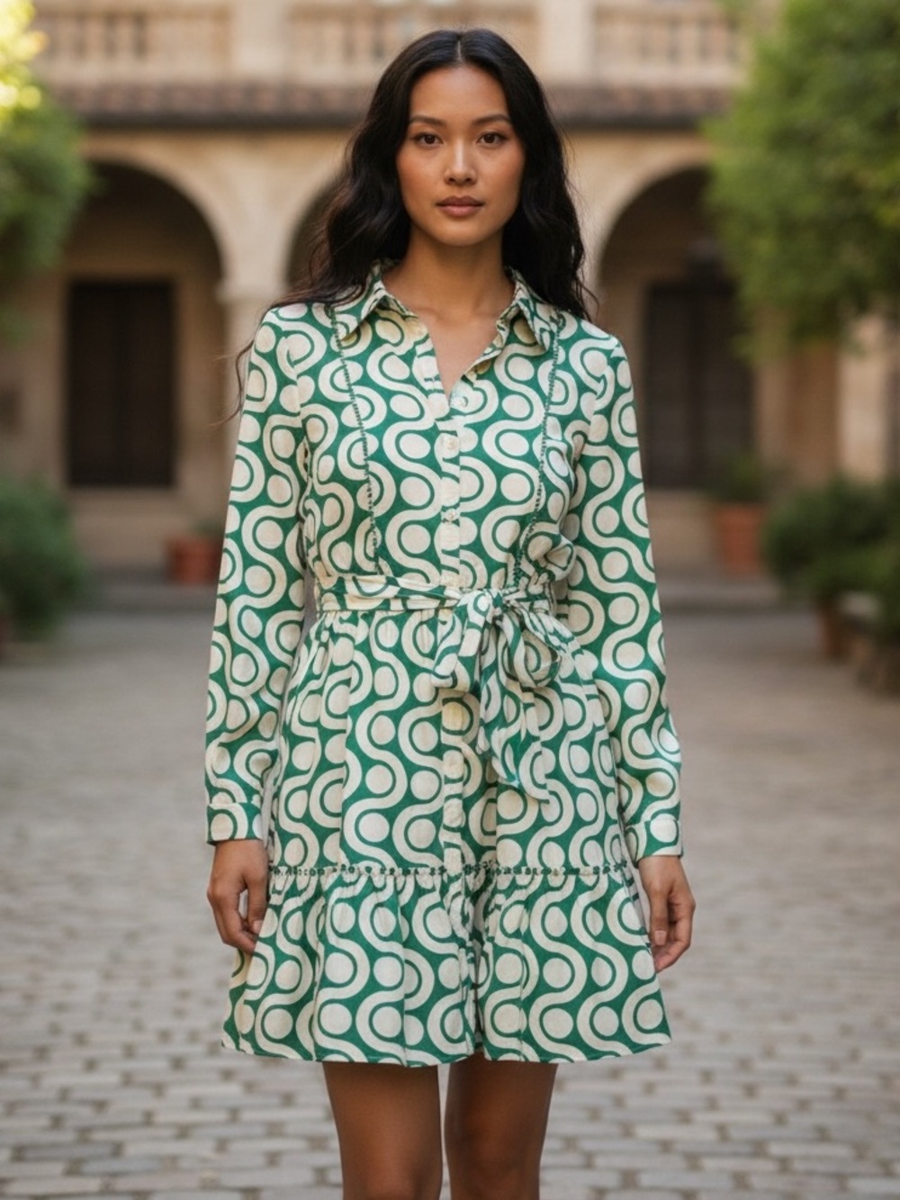 Zara Geometric Print Long-Sleeve Dress Green & White Size L